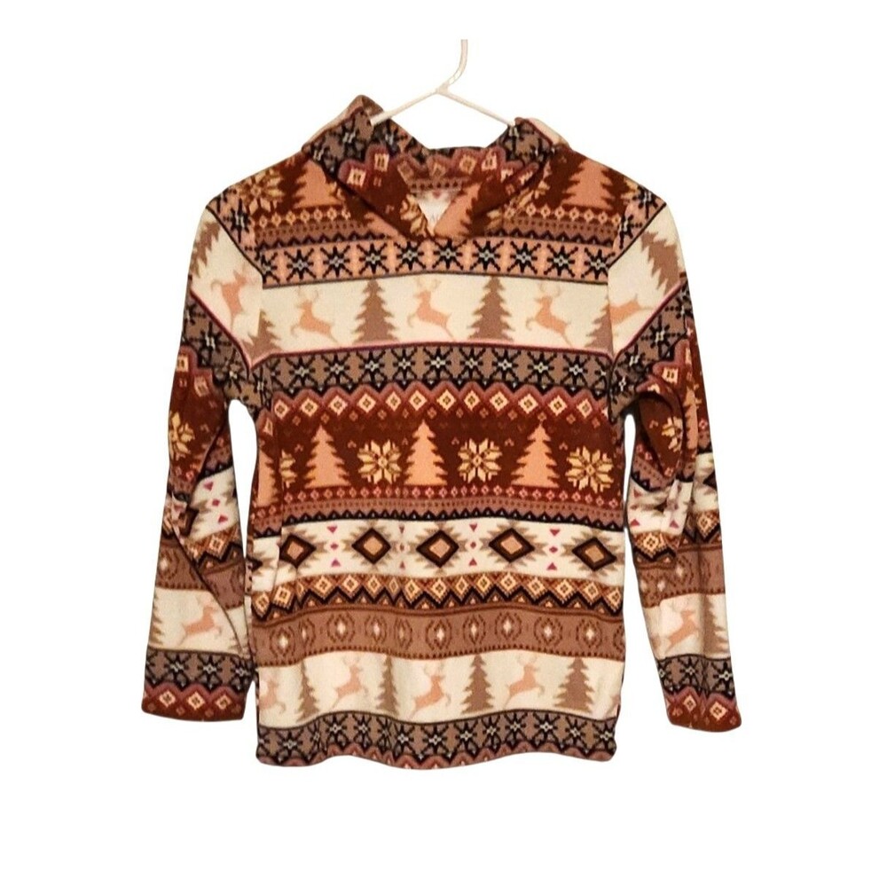 Children’s Place Glacier Fleece Hoodie Top Fair Isle Pink Brown Girls Size 10/12